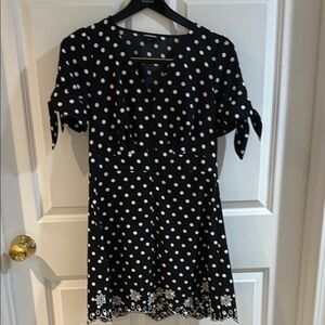 Express Black and White Polka Dot Flowered Hem Dress Tie Waist and Sleeves EUC